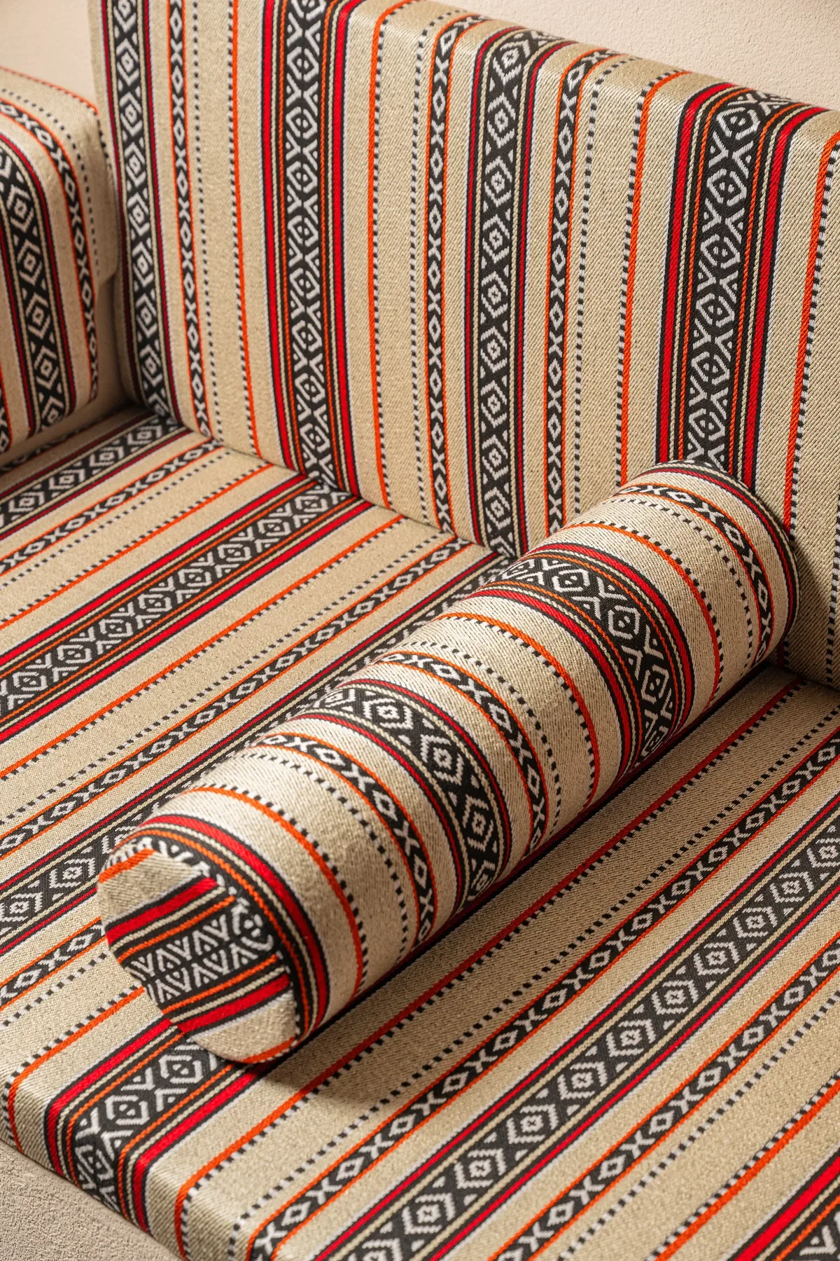 Sadu striped cushions on the banquette.