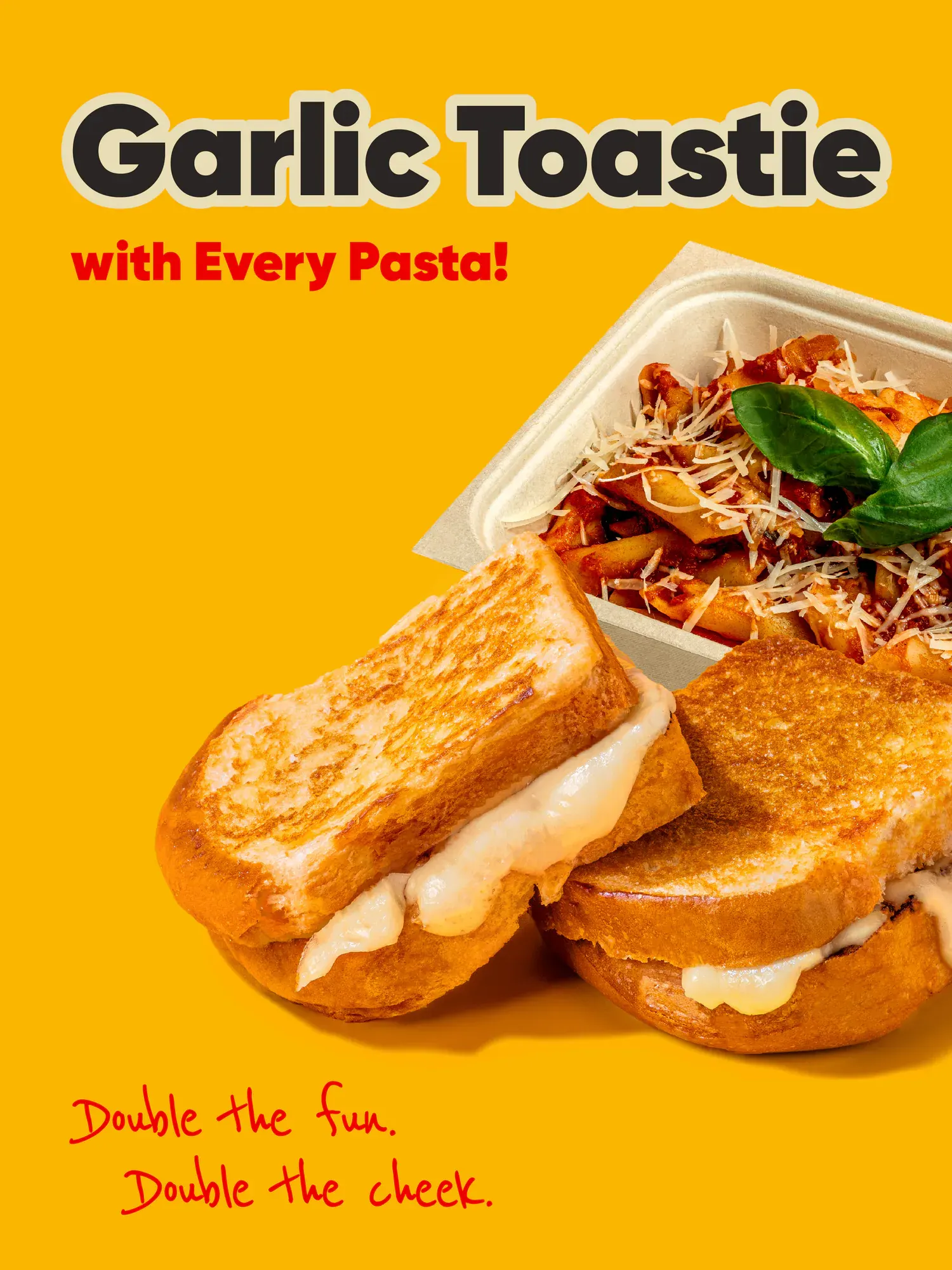 The pasta and toastie offer, shot on the same yellow as the rest of the set.