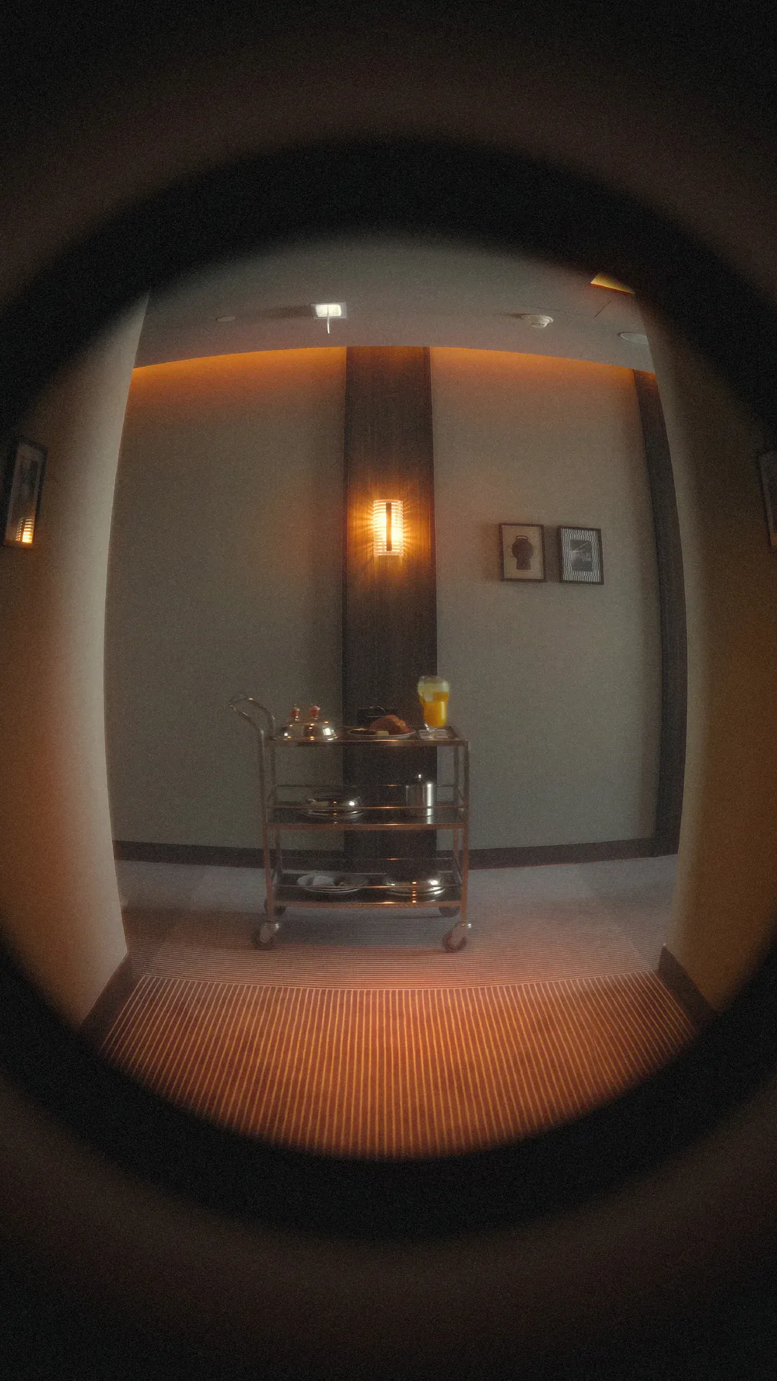 Shot through a door lens, so you are outside a room that is already open for someone else.