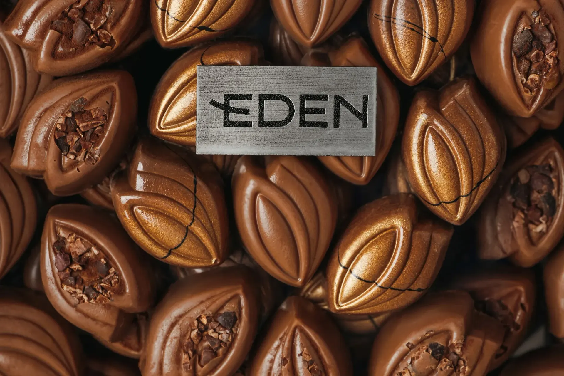 Cocoa pod pralines packed edge to edge around a steel Eden plaque.