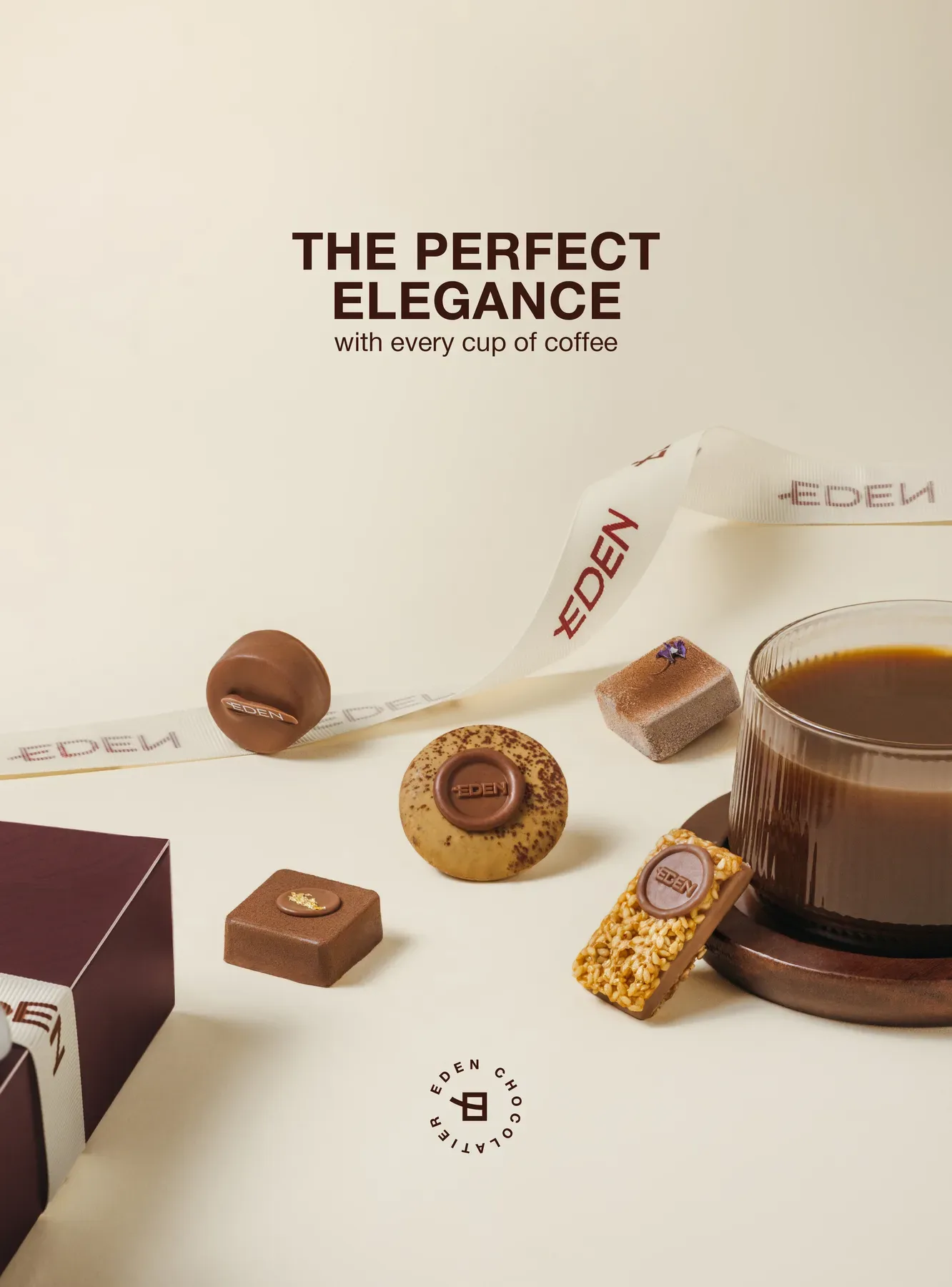 Eden chocolates with coffee and ribbon, under the line The perfect elegance.