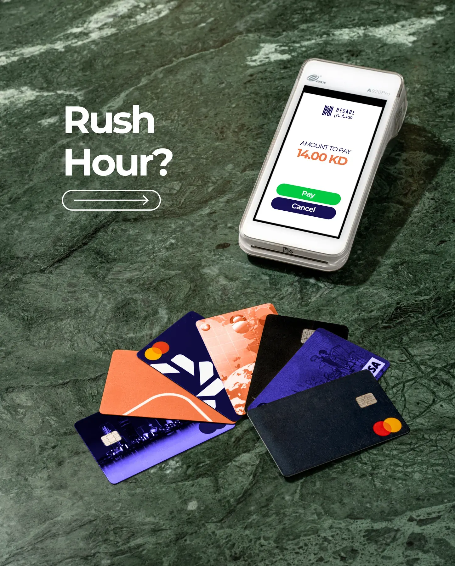 The Rush hour post, a Hesabe terminal and a fan of cards on green marble.