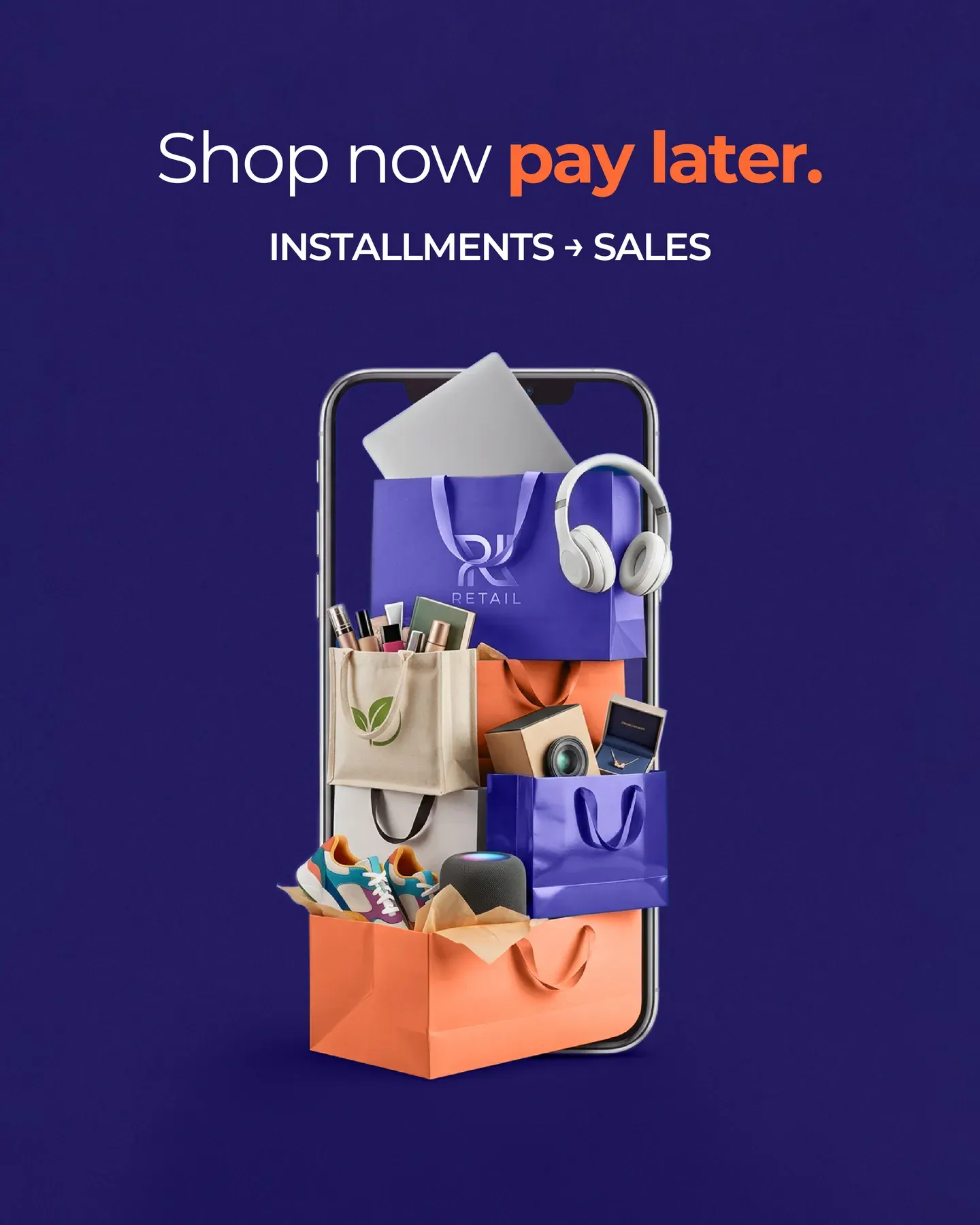 The Shop now pay later post, a phone filled with shopping bags.