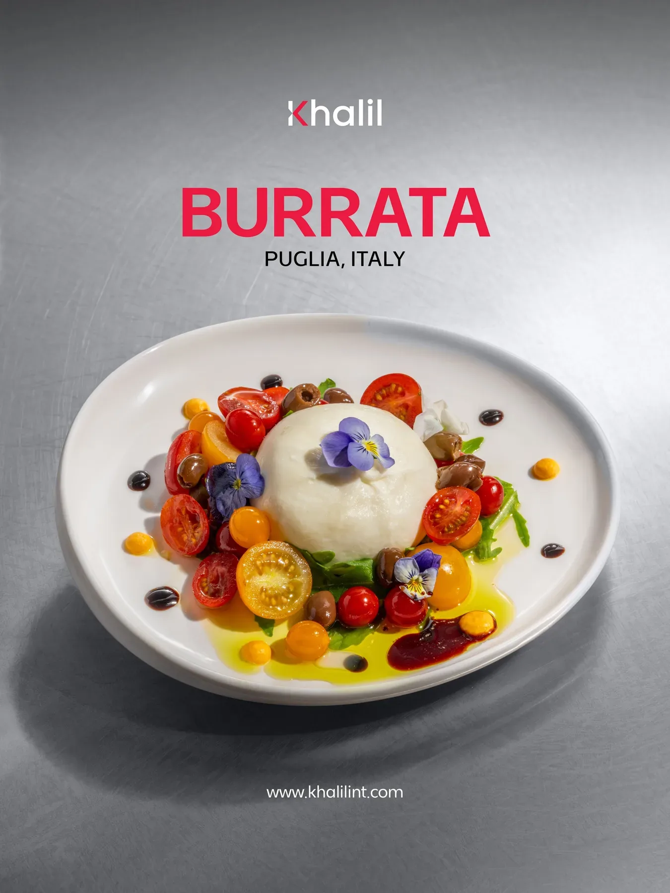 The burrata post, a plated burrata with tomatoes and edible flowers under the headline.