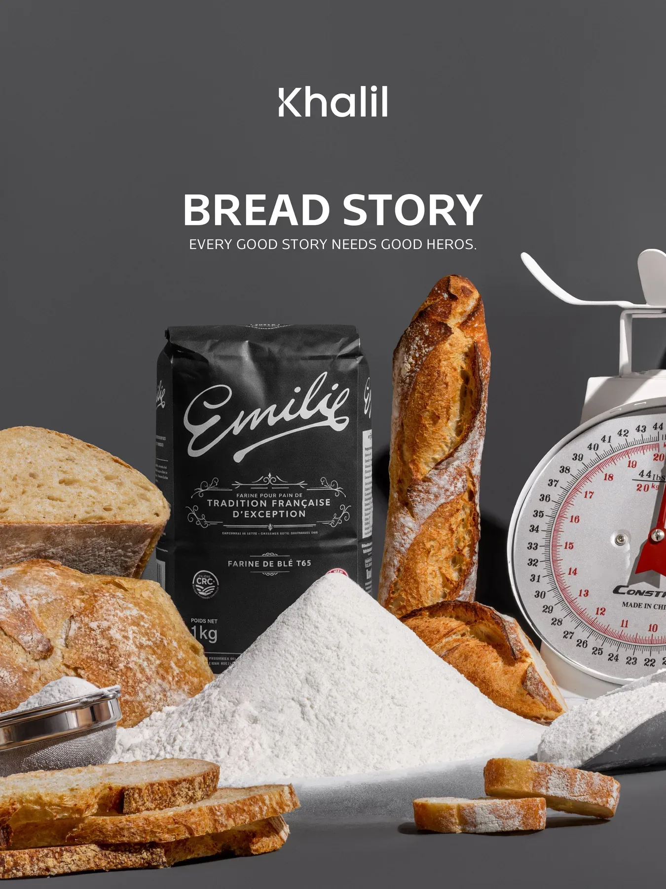 The Bread Story post, with flour, loaves and a kitchen scale.
