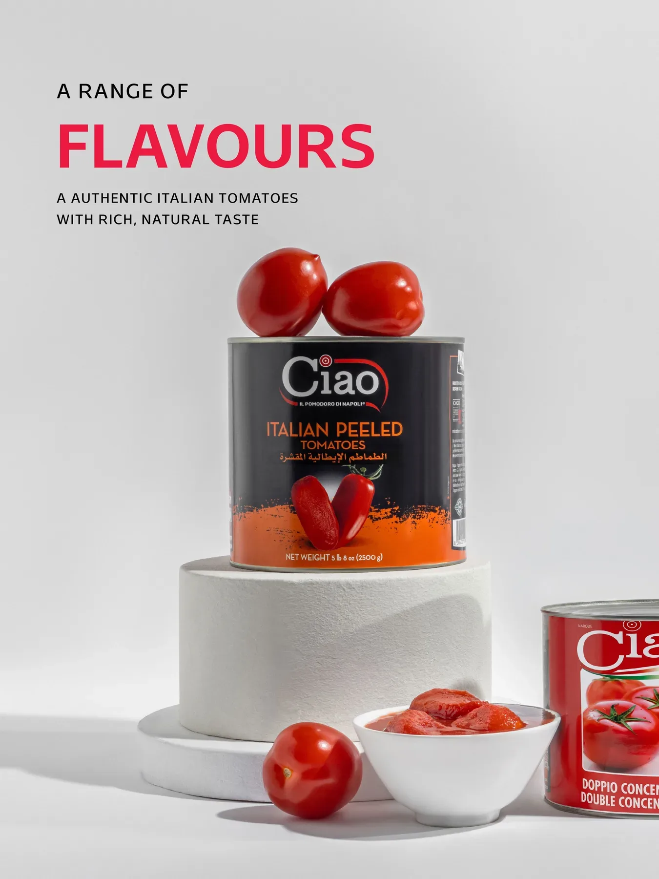 The A range of flavours post, a can of peeled tomatoes on a white plinth.