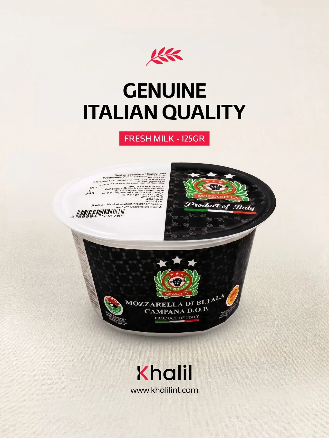The Genuine Italian quality post, a tub of mozzarella di bufala.
