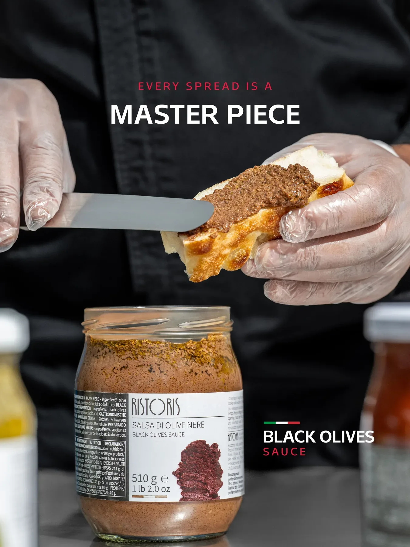 Black olive sauce spread on focaccia, from the sauce series.