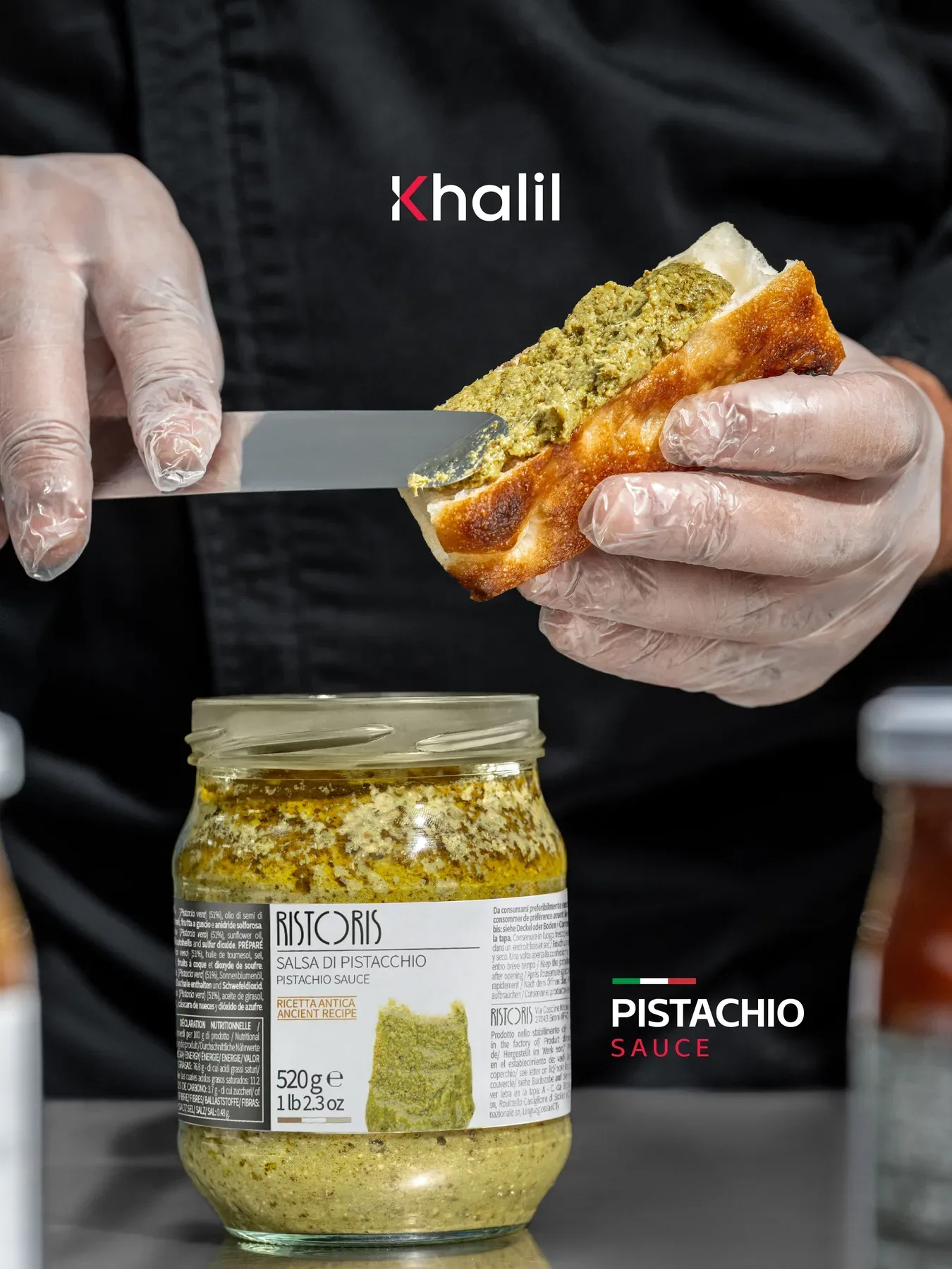 Pistachio sauce spread on focaccia, from the sauce series.