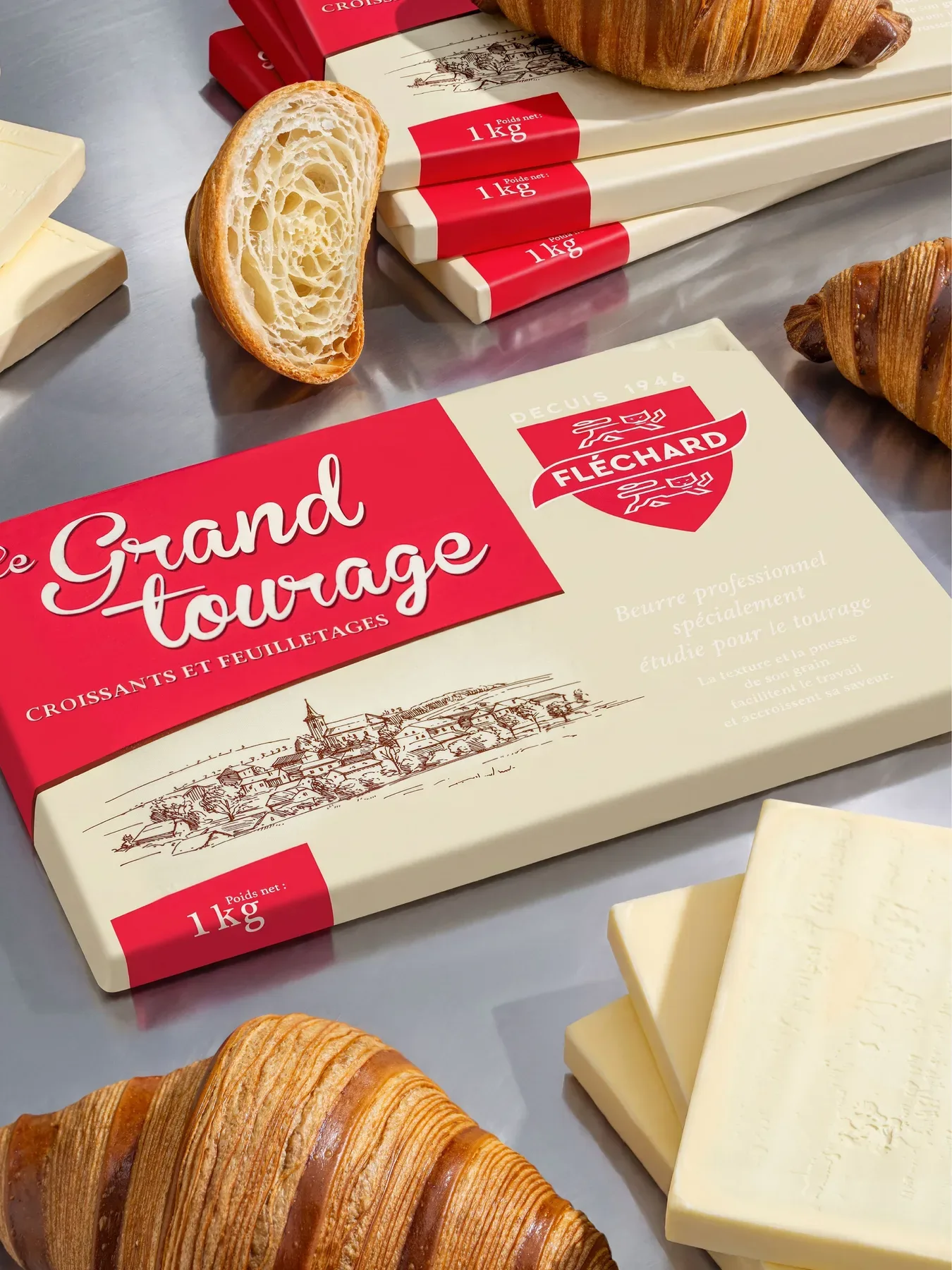 Croissants around a block of French lamination butter.