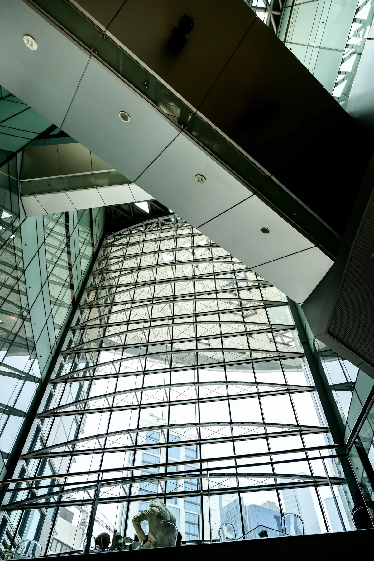 The glazed steel grid beside the escalators.