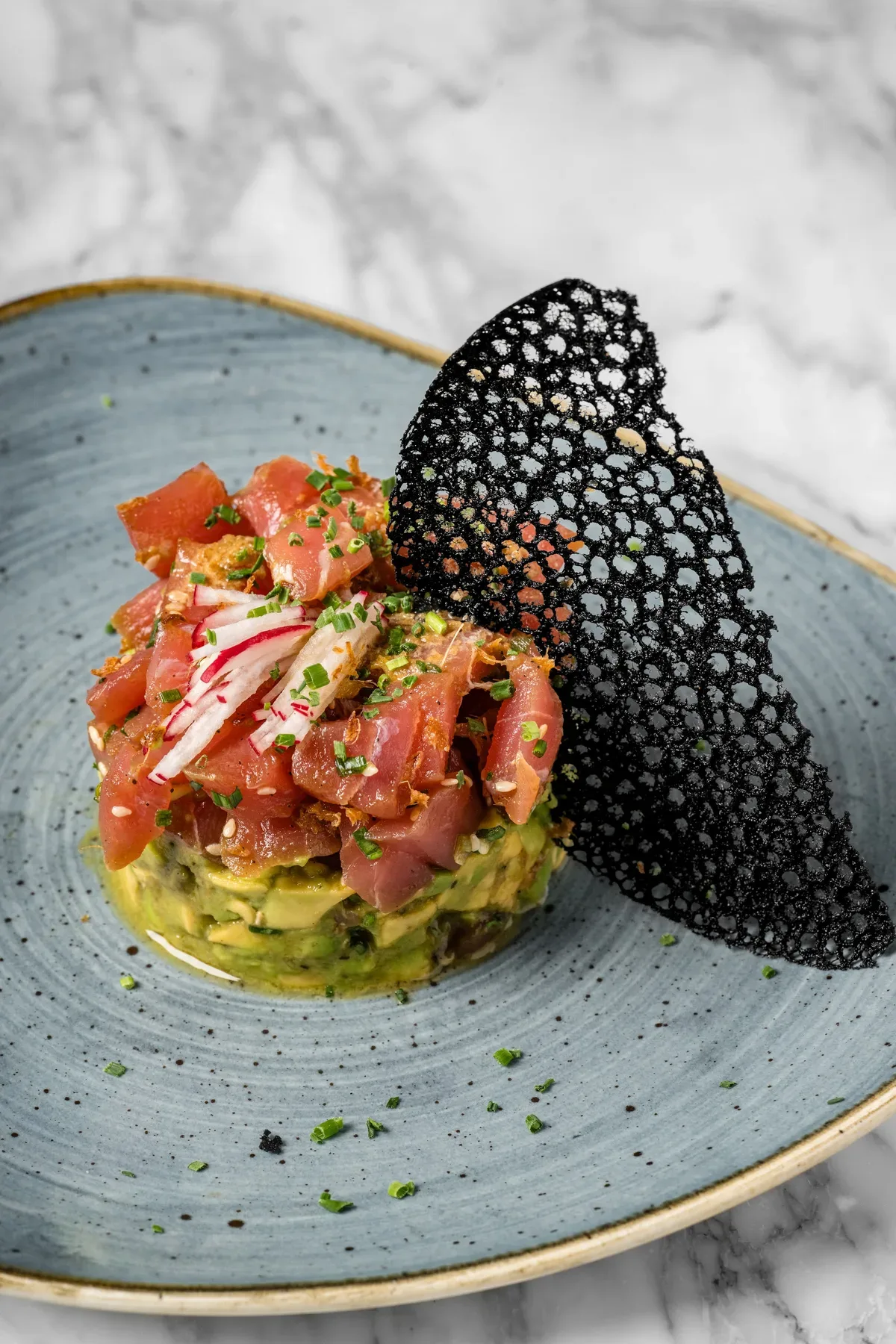 Salmon tartare under a black lace tuile.