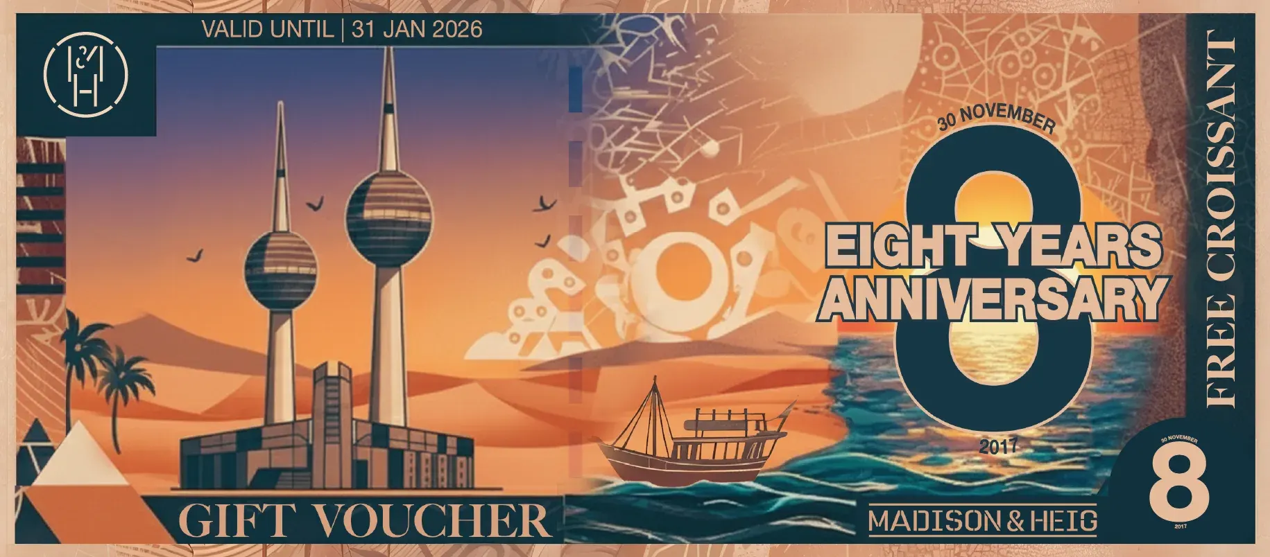 The eight years anniversary gift voucher artwork.