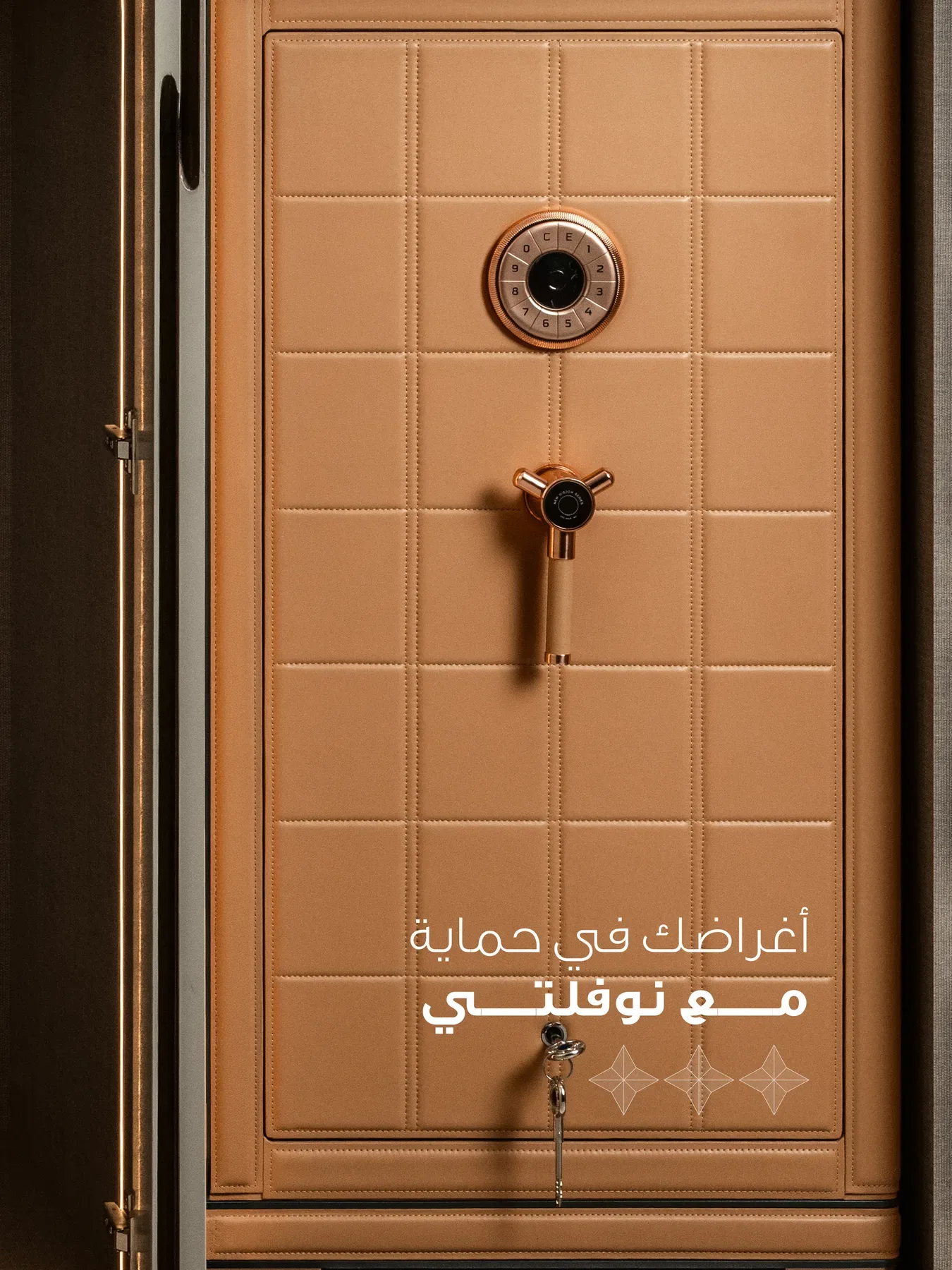 A safe clad in tan leather inside a wardrobe.