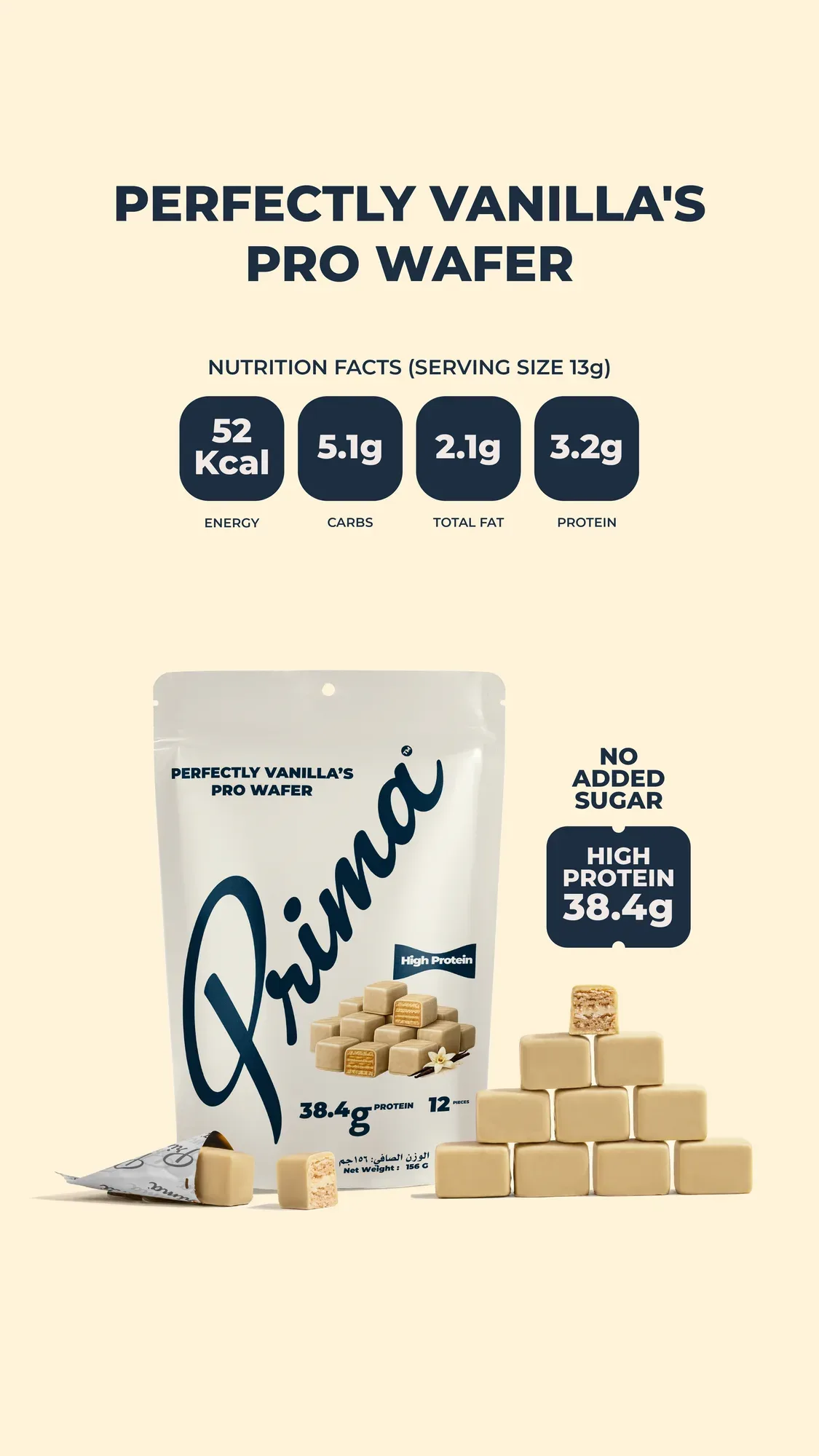 Perfectly Vanilla screen artwork for the pop-up, with the nutrition facts and the pouch.