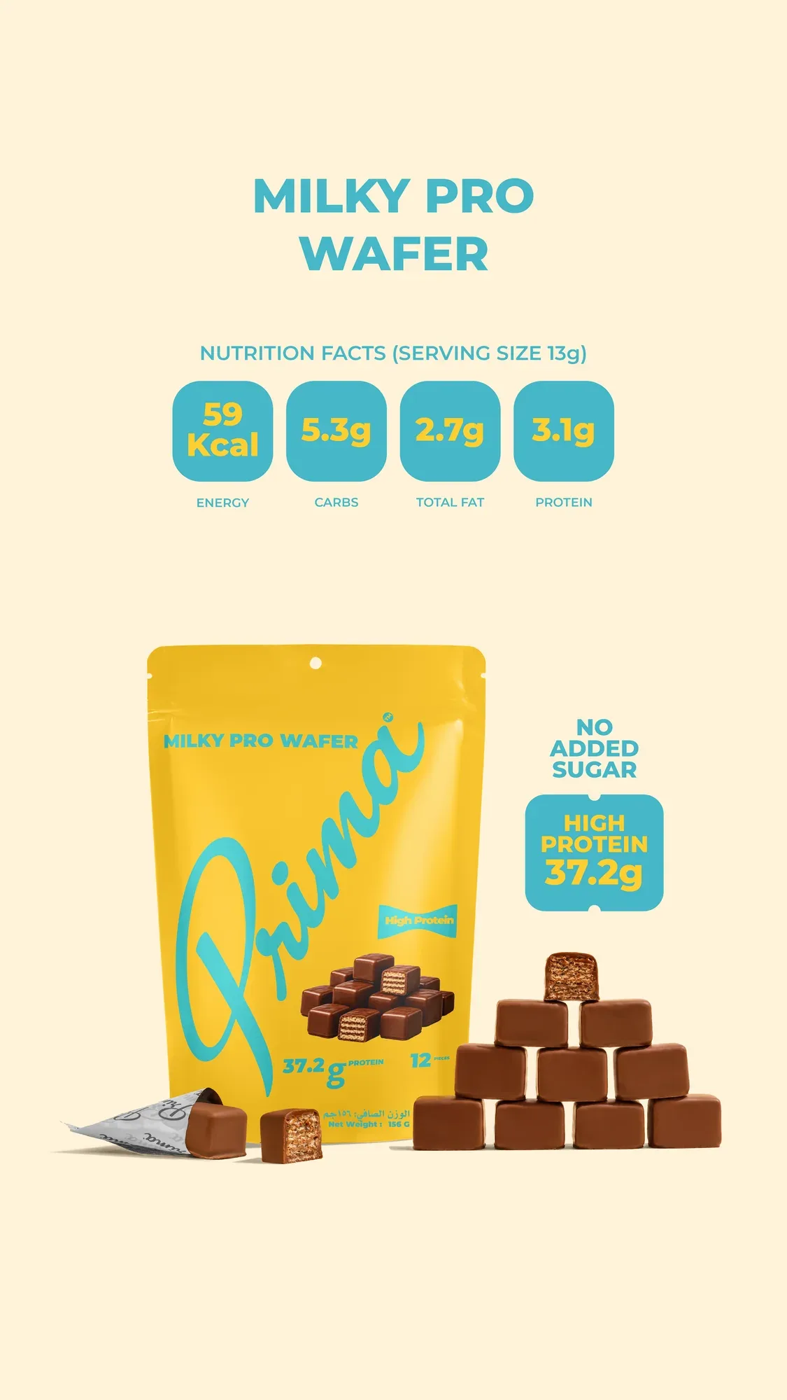 Milky screen artwork for the pop-up, with the nutrition facts and the pouch.