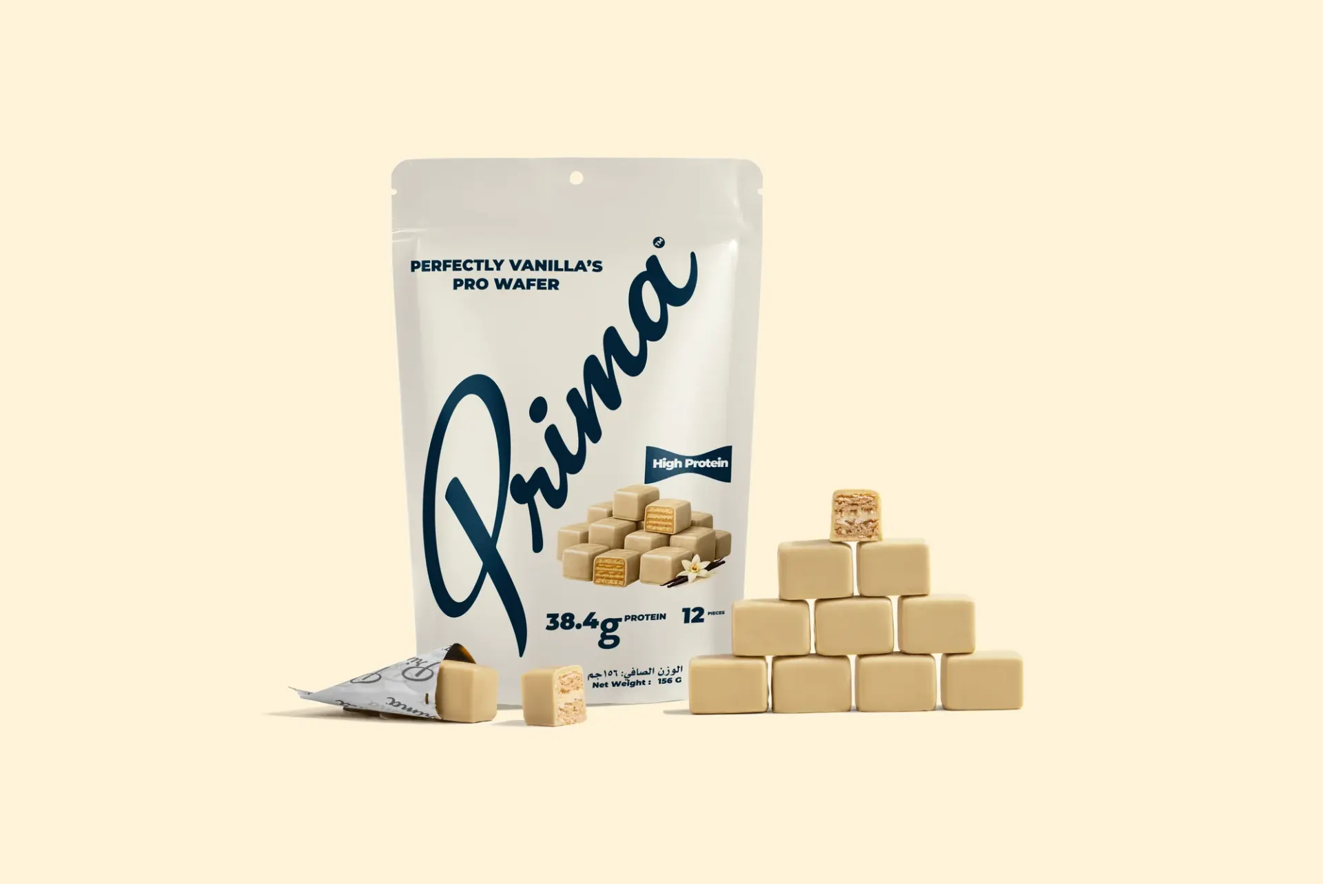 Perfectly Vanilla pro wafer, the flavour behind The Minimalist. Pouch and wafer pyramid from the product set.