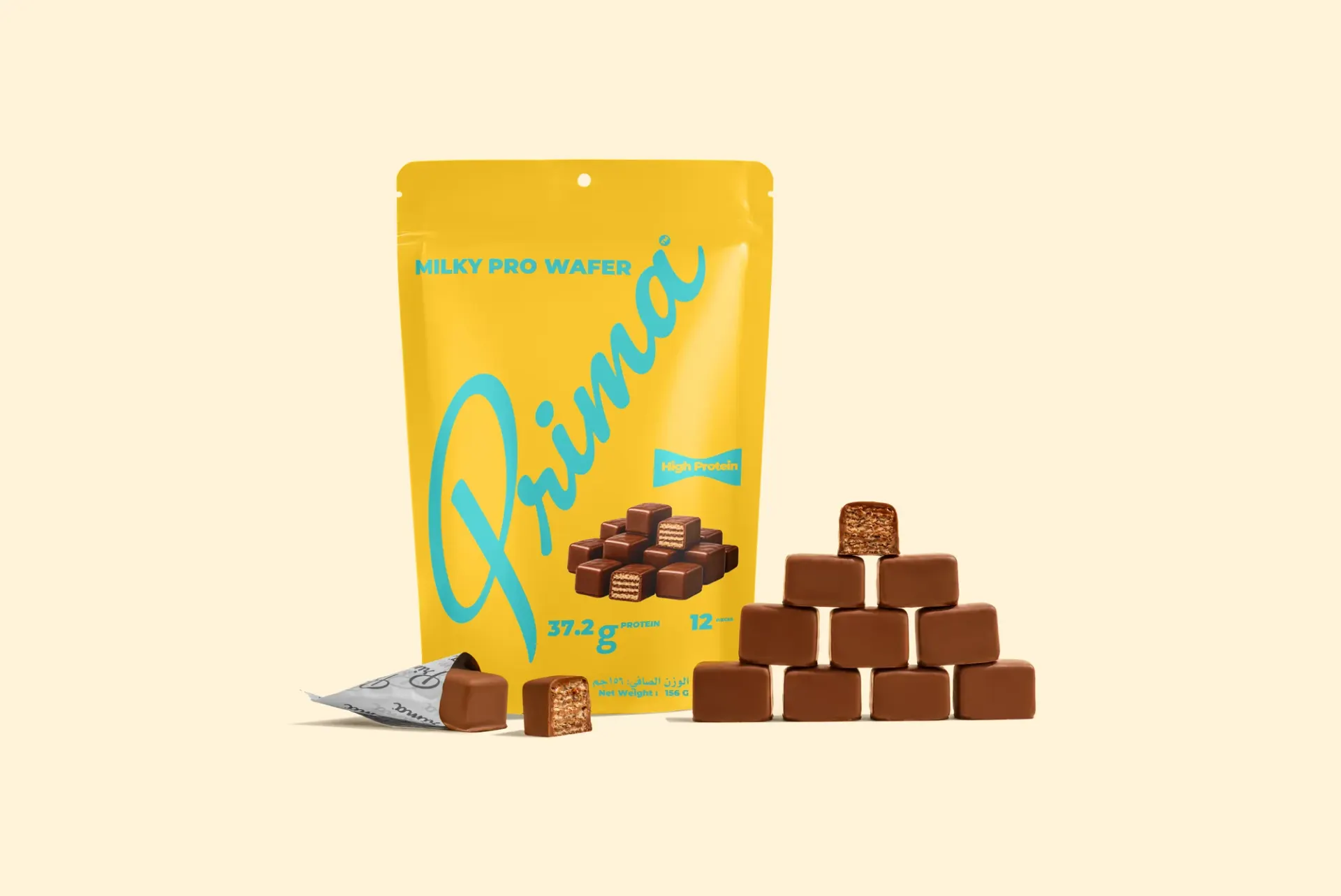 Milky pro wafer, the flavour behind The Optimist. Pouch and wafer pyramid from the product set.