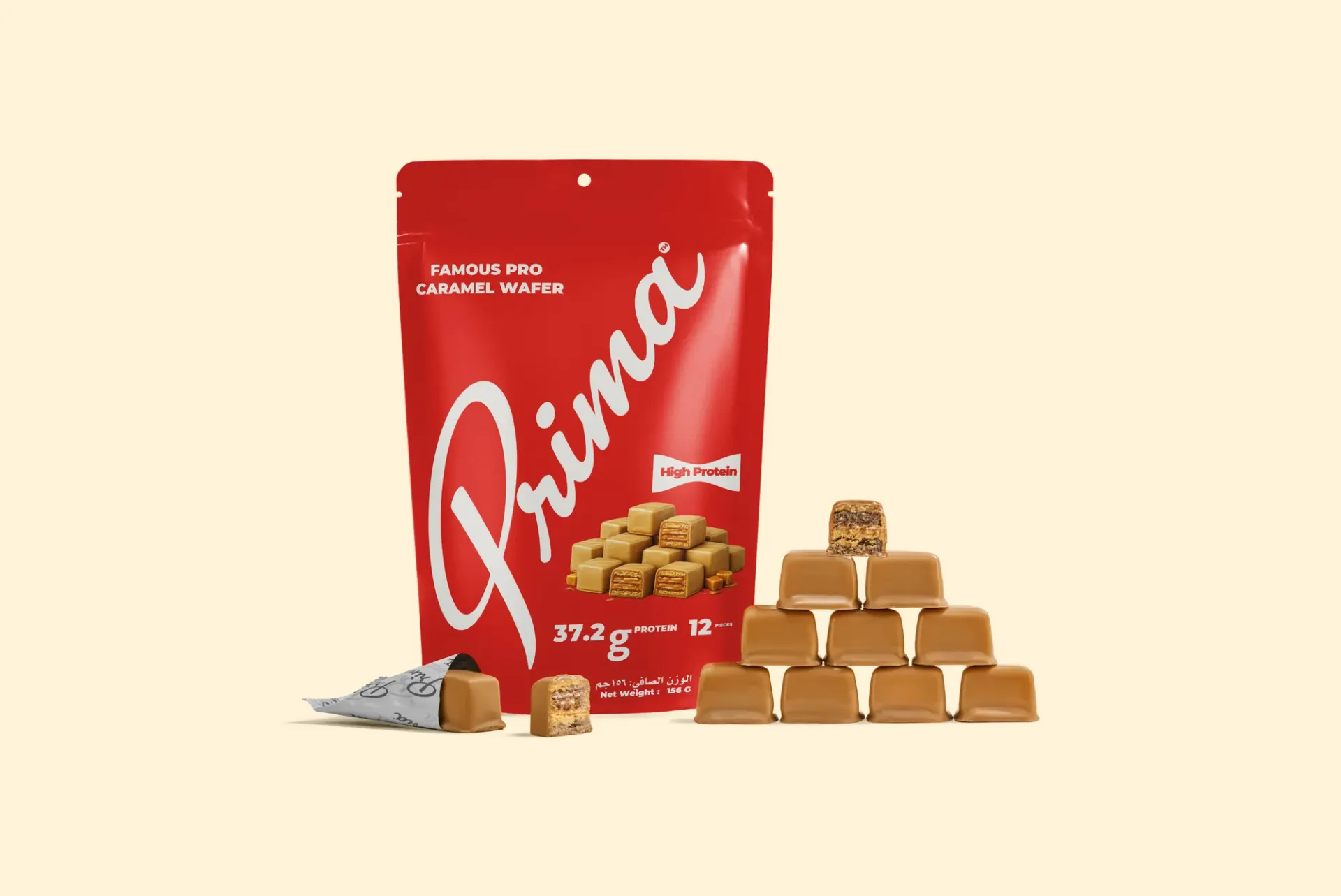 Famous Pro Caramel pro wafer, the flavour behind The Icon. Pouch and wafer pyramid from the product set.