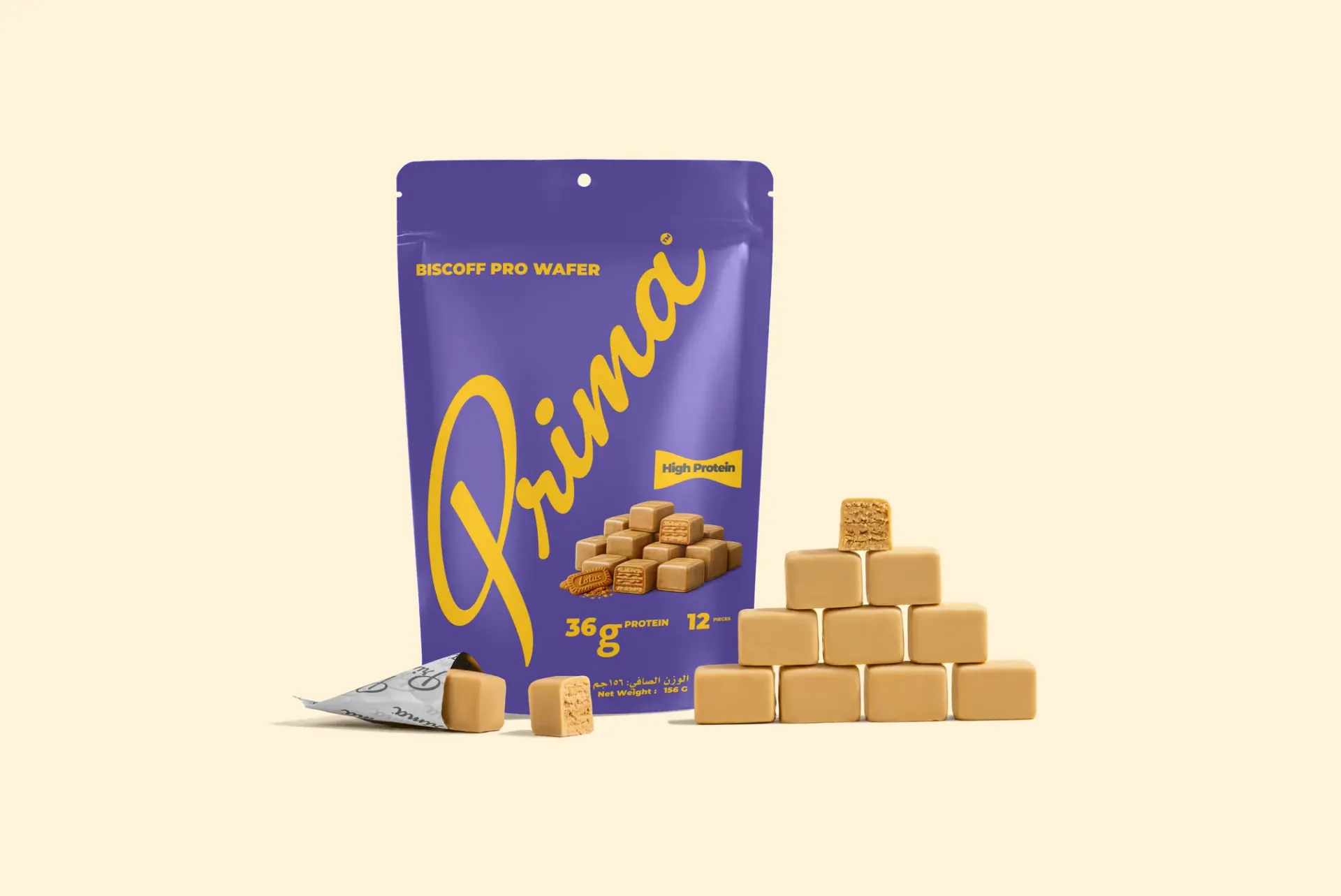 Biscoff pro wafer, the flavour behind The Explorer. Pouch and wafer pyramid from the product set.