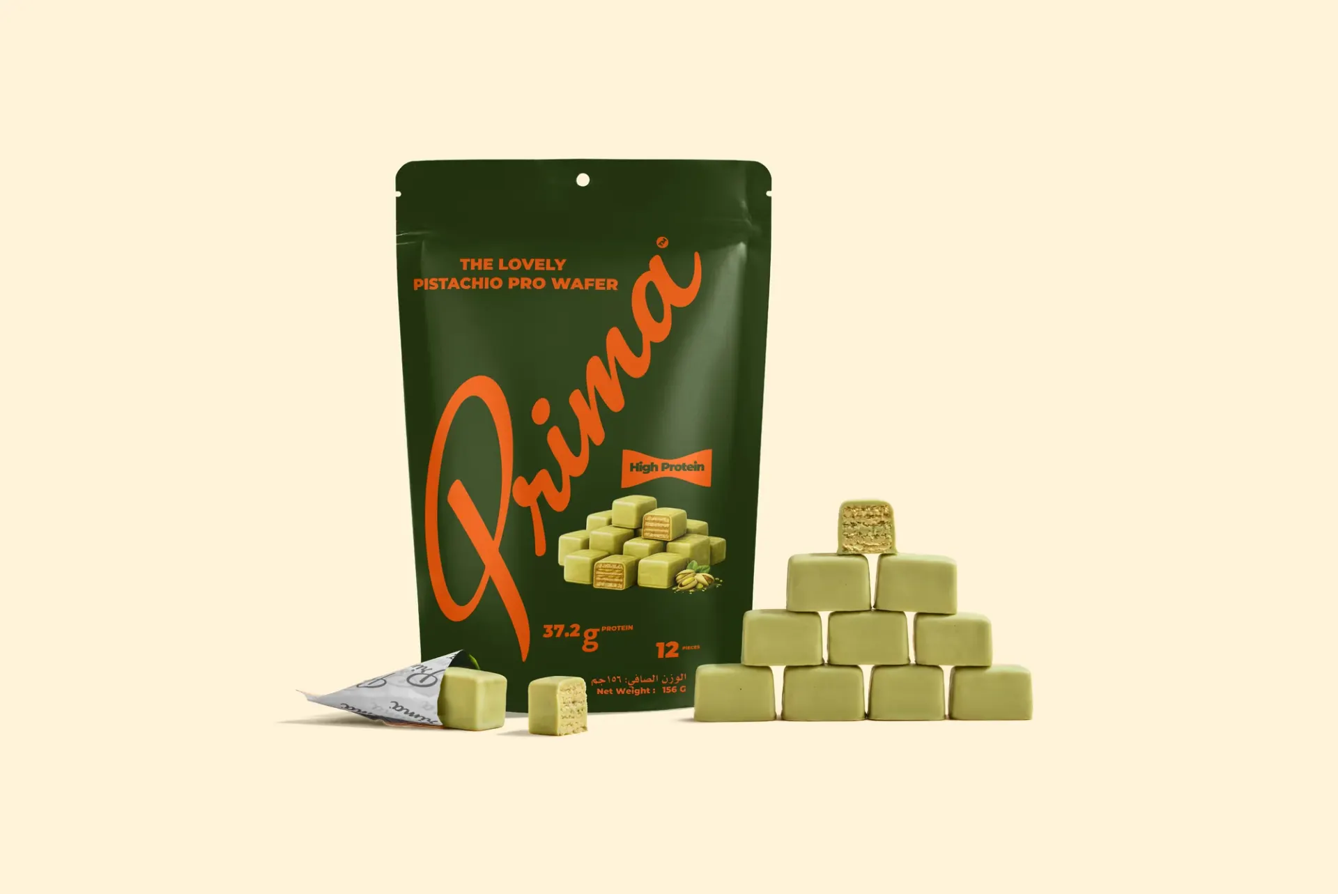 The Lovely Pistachio pro wafer, the flavour behind The Sophisticate. Pouch and wafer pyramid from the product set.