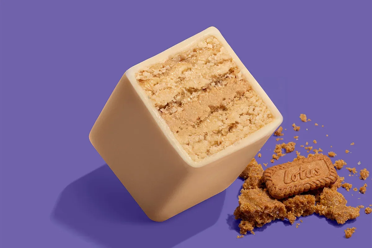 Biscoff wafer cut open on its flavour colour.