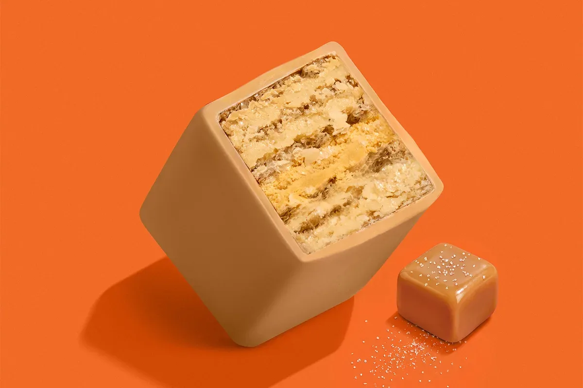 Salty Caramel wafer cut open on its flavour colour.