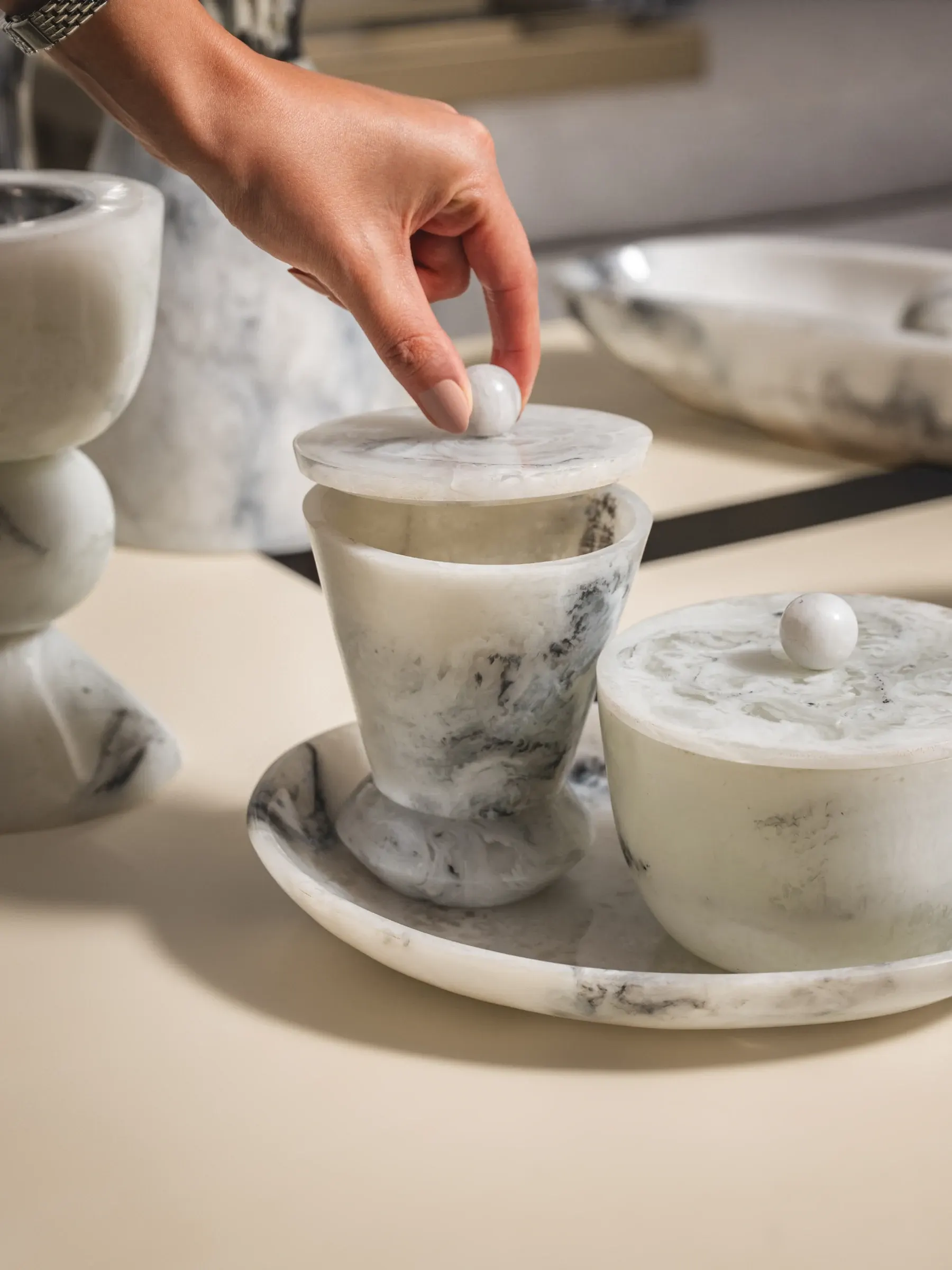 Cascades: Marble serving pots, product detail photography