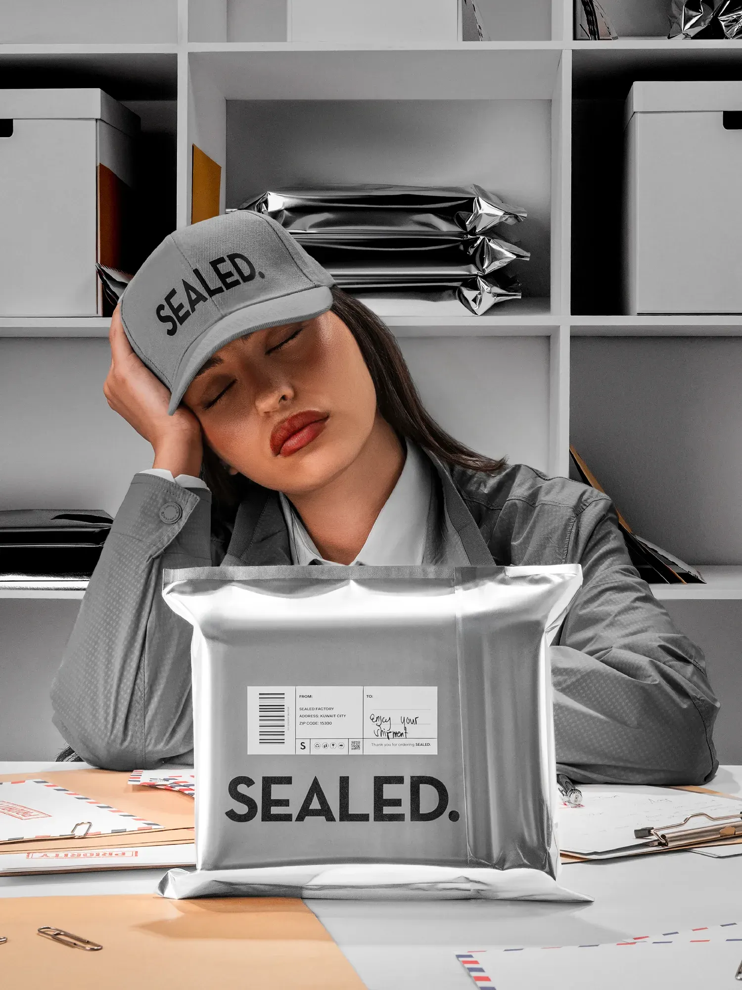 A silver mailer at the desk. The packaging is the set.