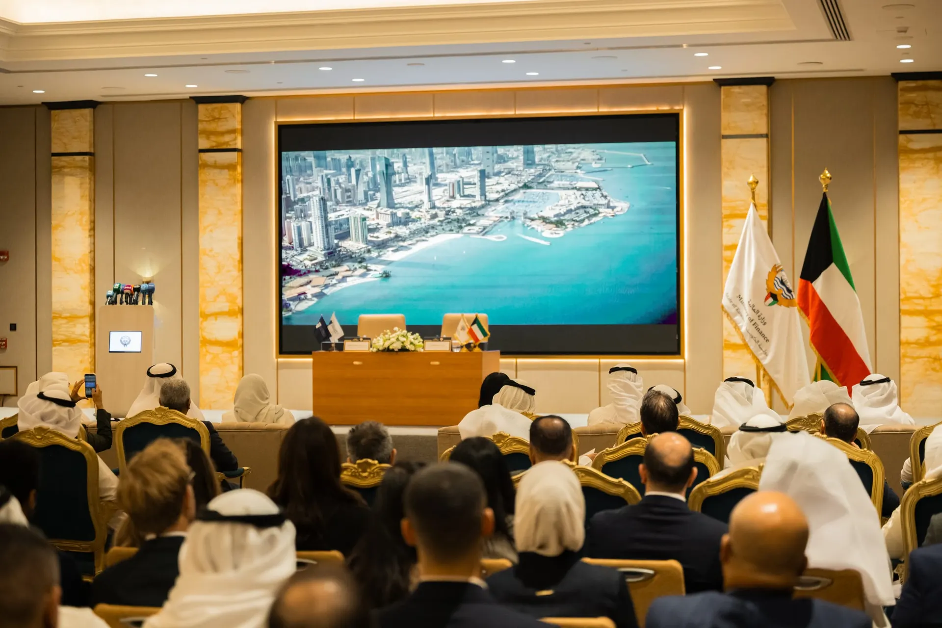 A seated audience faces a large screen showing an aerial rendering of the Kuwait City waterfront, beside the signing table and a press podium.